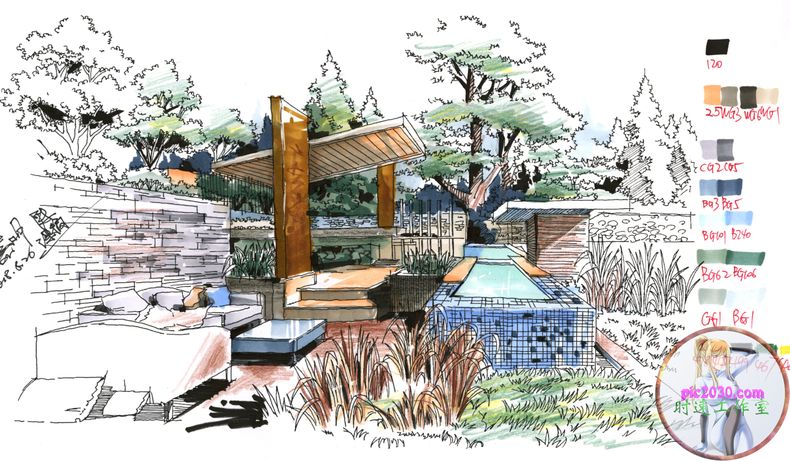 手绘学习素材1500张环艺室内园林景观建筑设计效果图植物马克笔